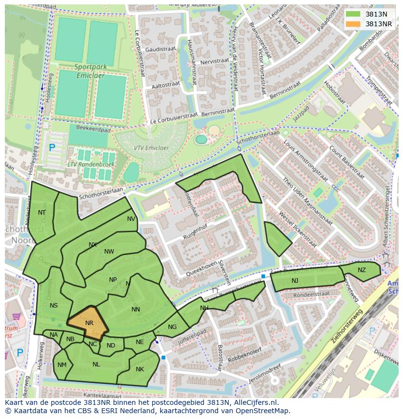 Afbeelding van het postcodegebied 3813 NR op de kaart.