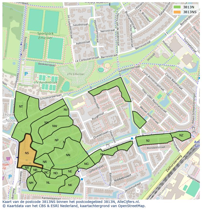 Afbeelding van het postcodegebied 3813 NS op de kaart.