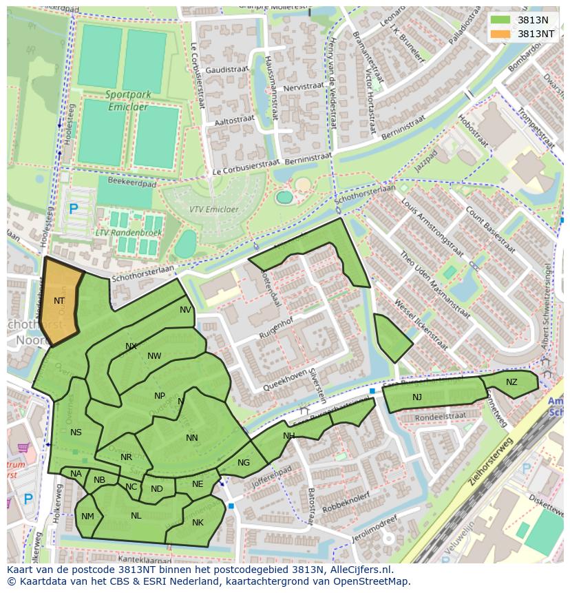Afbeelding van het postcodegebied 3813 NT op de kaart.