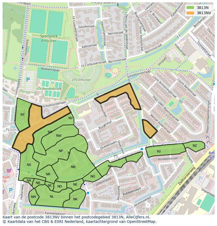 Afbeelding van het postcodegebied 3813 NV op de kaart.