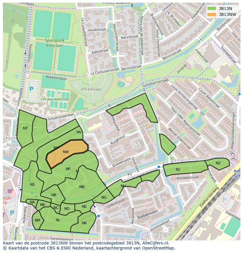 Afbeelding van het postcodegebied 3813 NW op de kaart.