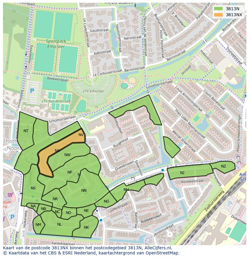 Afbeelding van het postcodegebied 3813 NX op de kaart.