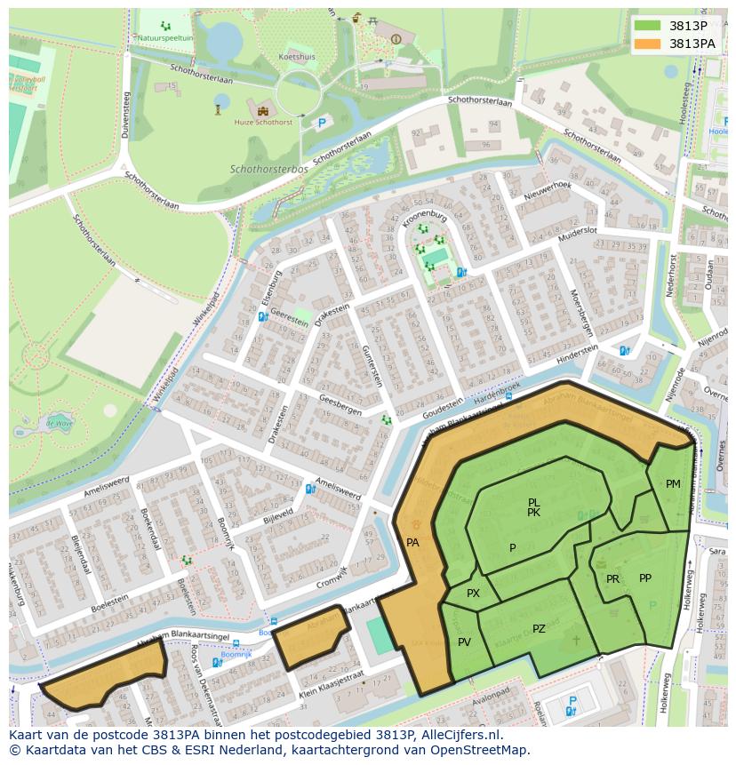 Afbeelding van het postcodegebied 3813 PA op de kaart.