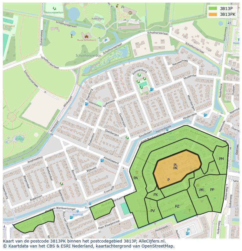 Afbeelding van het postcodegebied 3813 PK op de kaart.