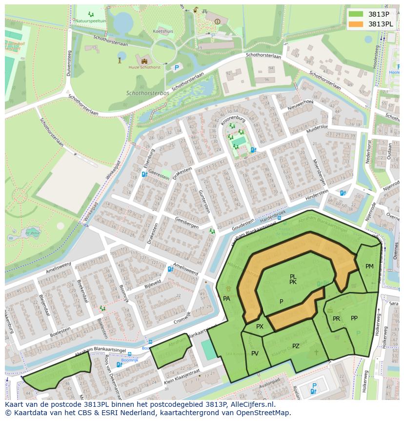 Afbeelding van het postcodegebied 3813 PL op de kaart.