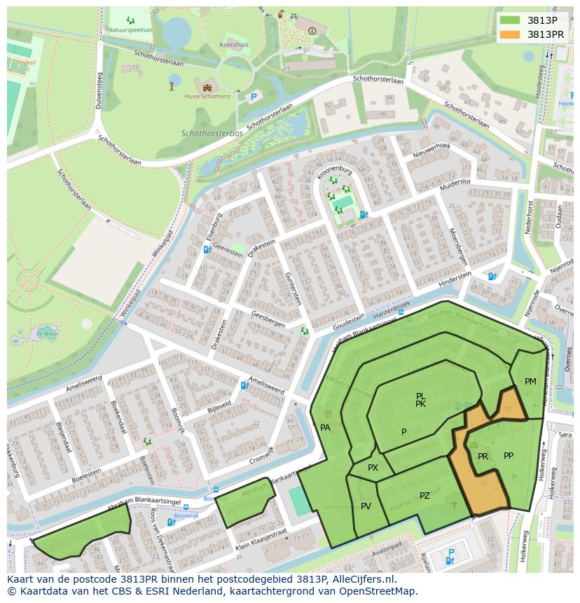 Afbeelding van het postcodegebied 3813 PR op de kaart.