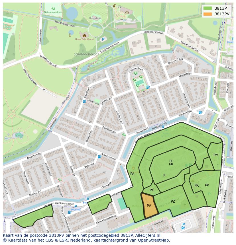 Afbeelding van het postcodegebied 3813 PV op de kaart.