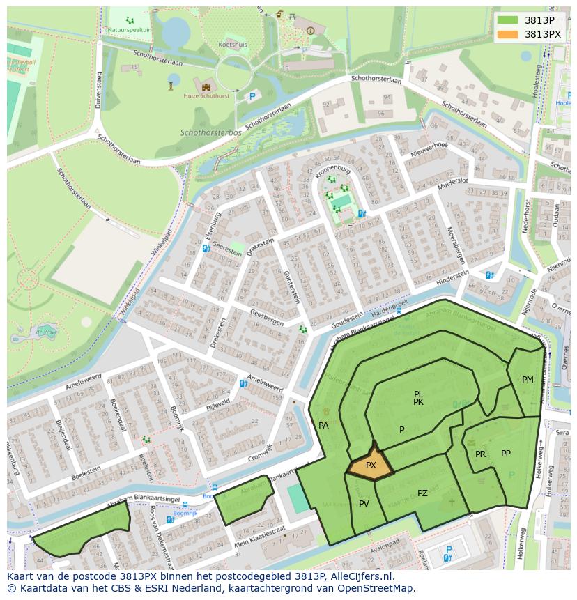 Afbeelding van het postcodegebied 3813 PX op de kaart.