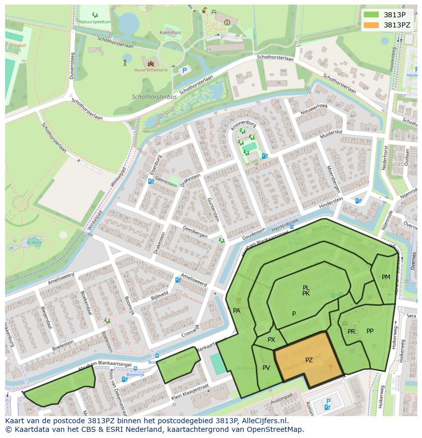 Afbeelding van het postcodegebied 3813 PZ op de kaart.