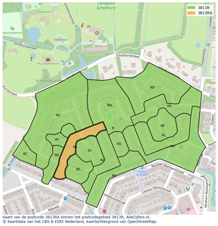 Afbeelding van het postcodegebied 3813 RA op de kaart.