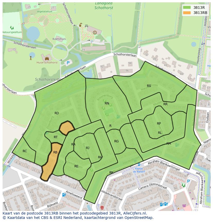 Afbeelding van het postcodegebied 3813 RB op de kaart.