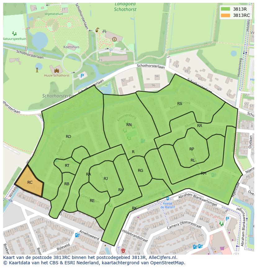 Afbeelding van het postcodegebied 3813 RC op de kaart.