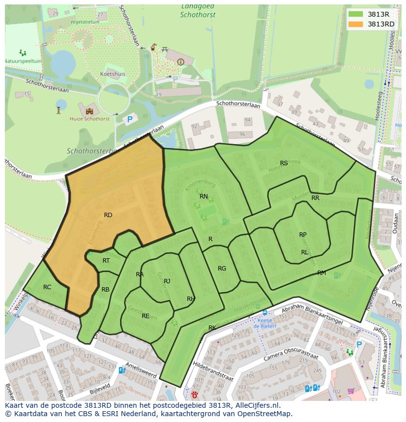 Afbeelding van het postcodegebied 3813 RD op de kaart.