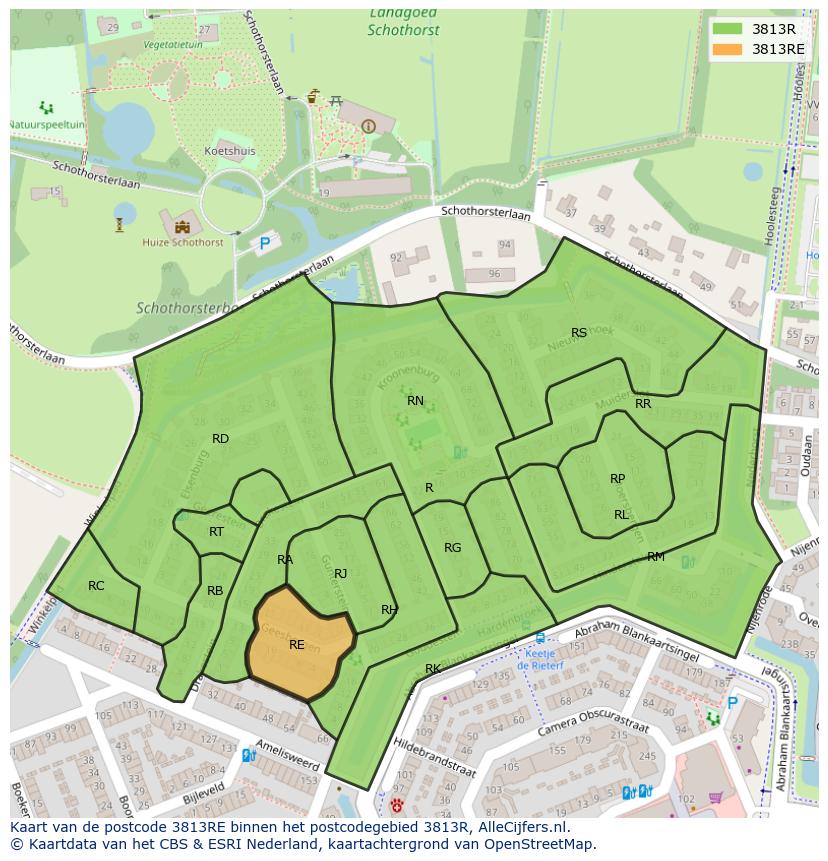 Afbeelding van het postcodegebied 3813 RE op de kaart.