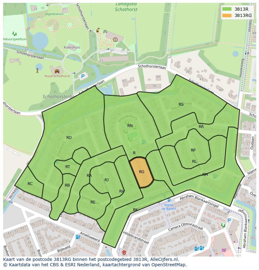 Afbeelding van het postcodegebied 3813 RG op de kaart.