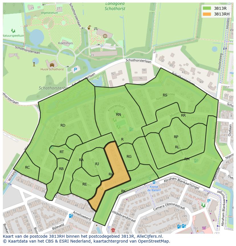 Afbeelding van het postcodegebied 3813 RH op de kaart.