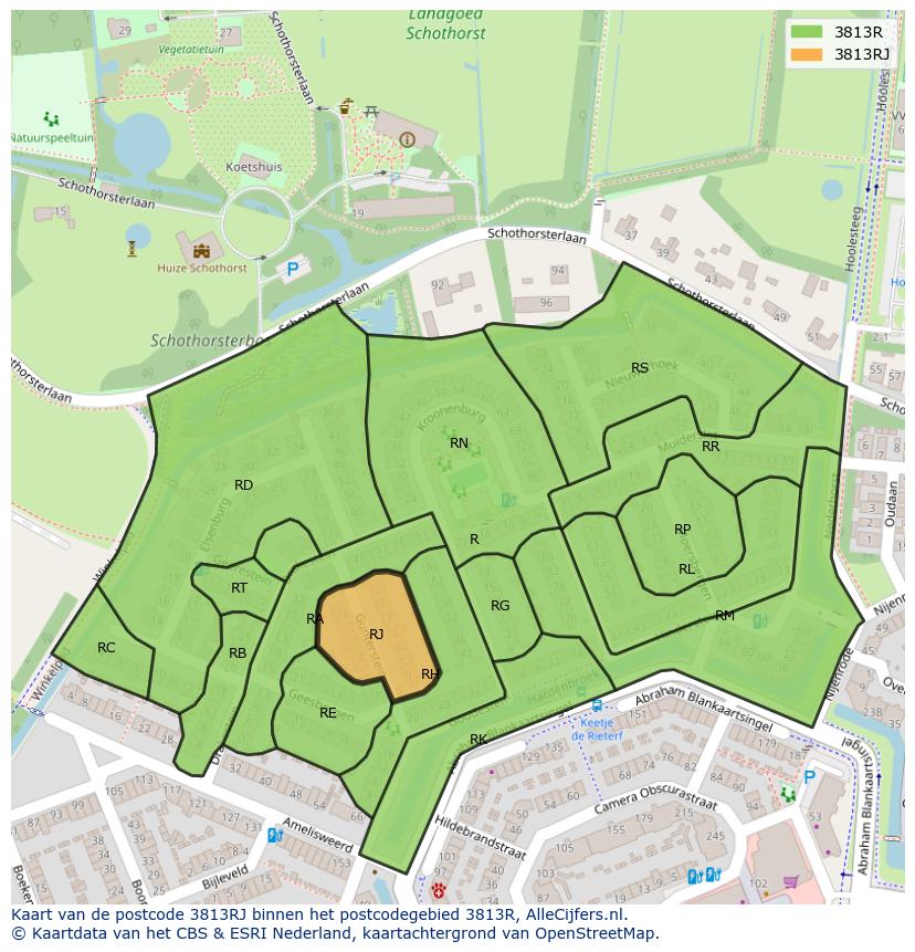Afbeelding van het postcodegebied 3813 RJ op de kaart.