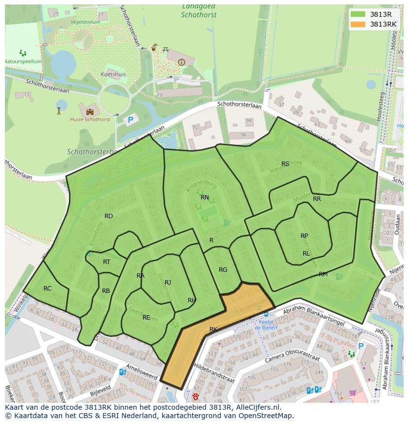 Afbeelding van het postcodegebied 3813 RK op de kaart.