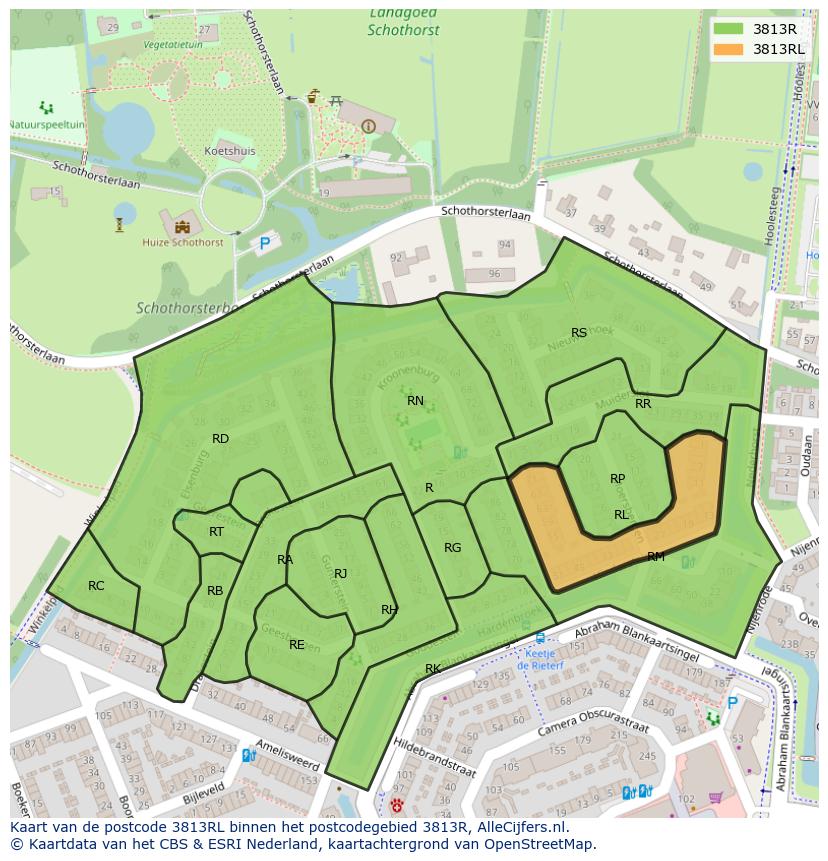 Afbeelding van het postcodegebied 3813 RL op de kaart.
