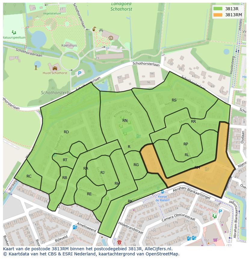 Afbeelding van het postcodegebied 3813 RM op de kaart.