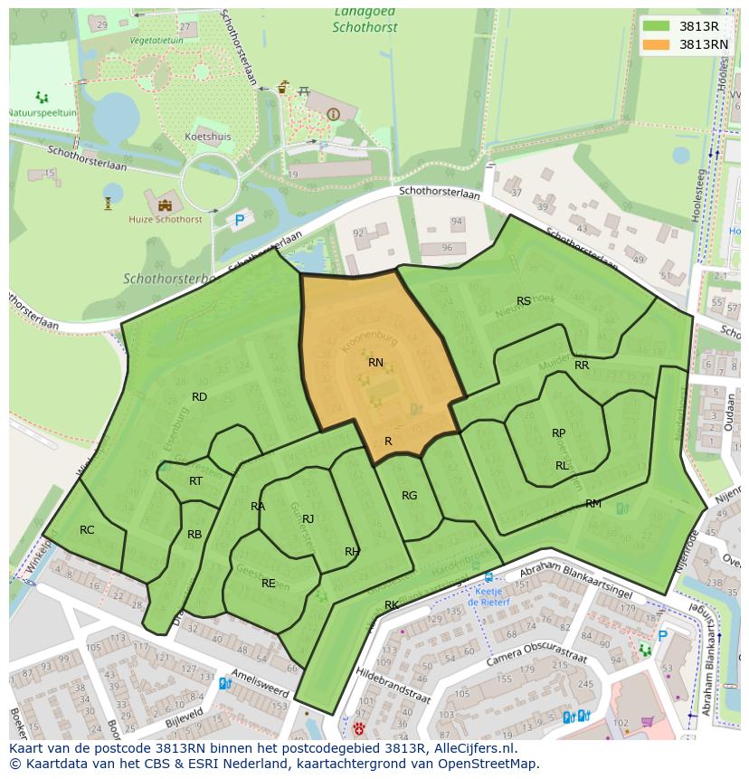 Afbeelding van het postcodegebied 3813 RN op de kaart.