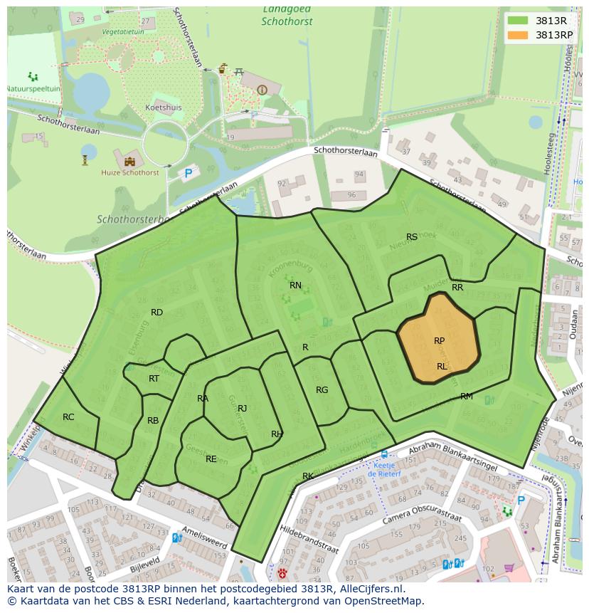 Afbeelding van het postcodegebied 3813 RP op de kaart.
