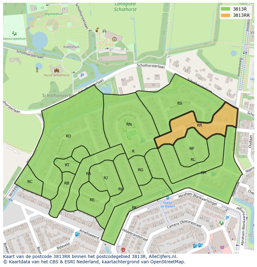 Afbeelding van het postcodegebied 3813 RR op de kaart.