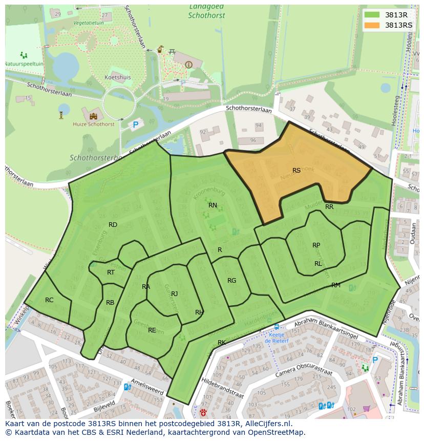 Afbeelding van het postcodegebied 3813 RS op de kaart.