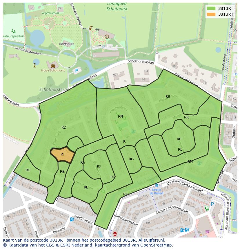 Afbeelding van het postcodegebied 3813 RT op de kaart.