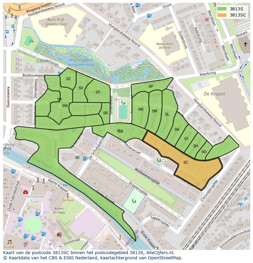 Afbeelding van het postcodegebied 3813 SC op de kaart.