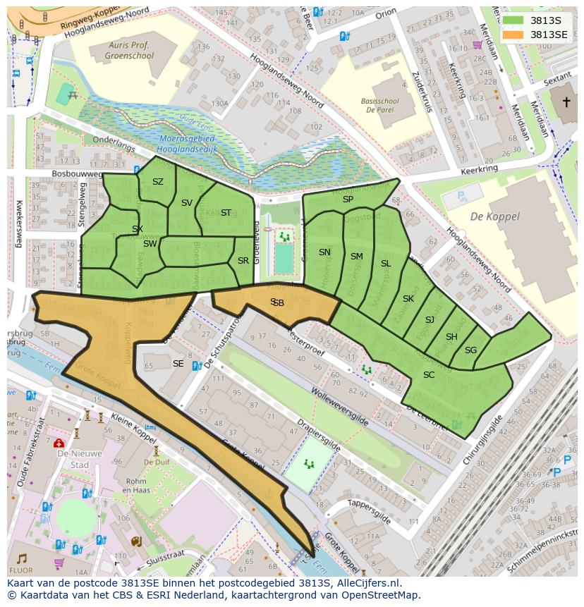 Afbeelding van het postcodegebied 3813 SE op de kaart.