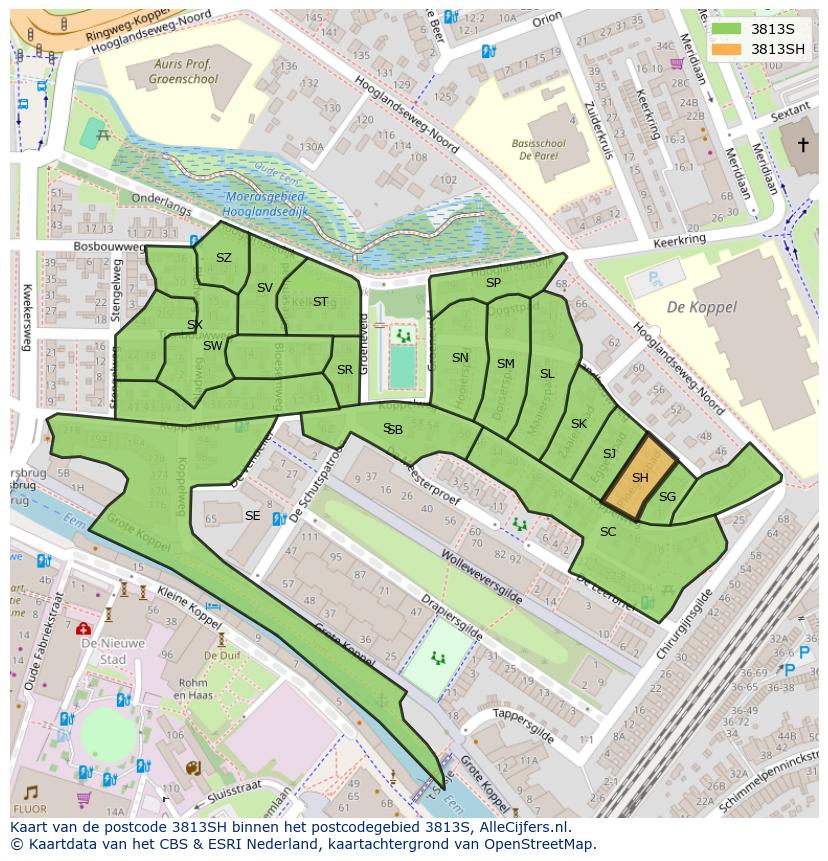 Afbeelding van het postcodegebied 3813 SH op de kaart.