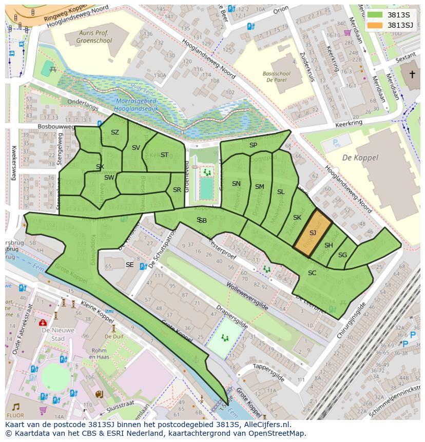 Afbeelding van het postcodegebied 3813 SJ op de kaart.
