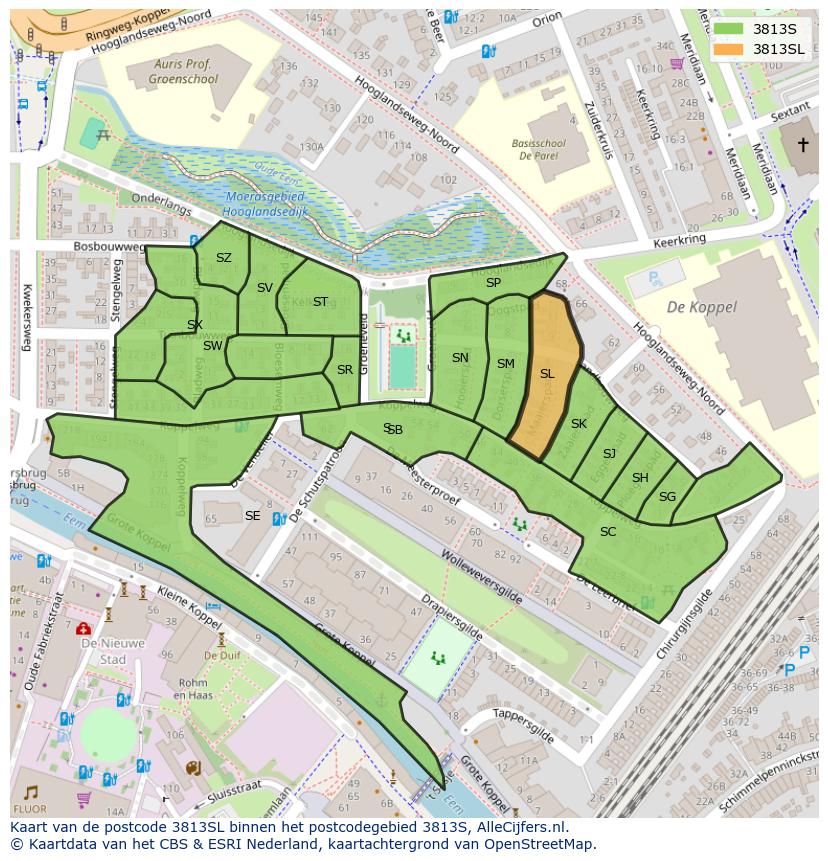 Afbeelding van het postcodegebied 3813 SL op de kaart.