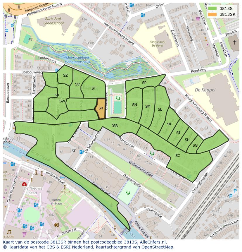 Afbeelding van het postcodegebied 3813 SR op de kaart.
