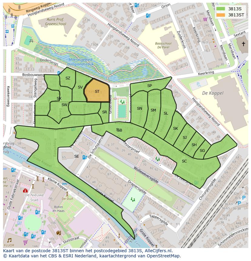 Afbeelding van het postcodegebied 3813 ST op de kaart.