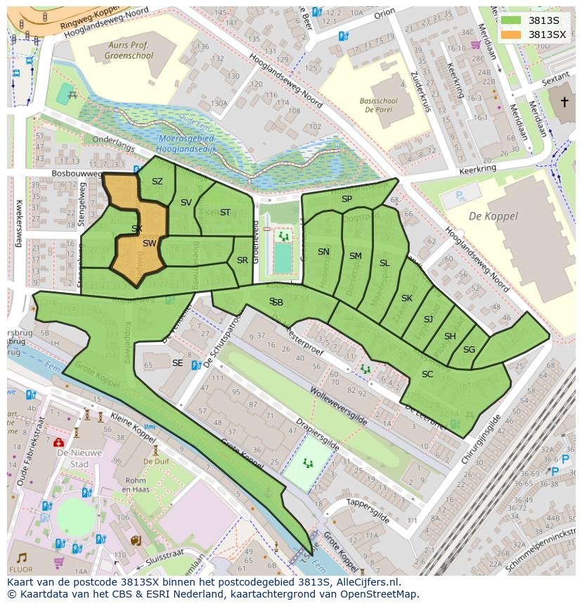 Afbeelding van het postcodegebied 3813 SX op de kaart.