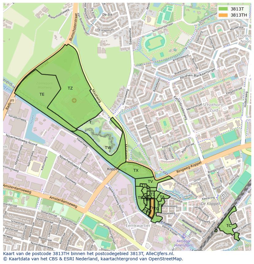Afbeelding van het postcodegebied 3813 TH op de kaart.