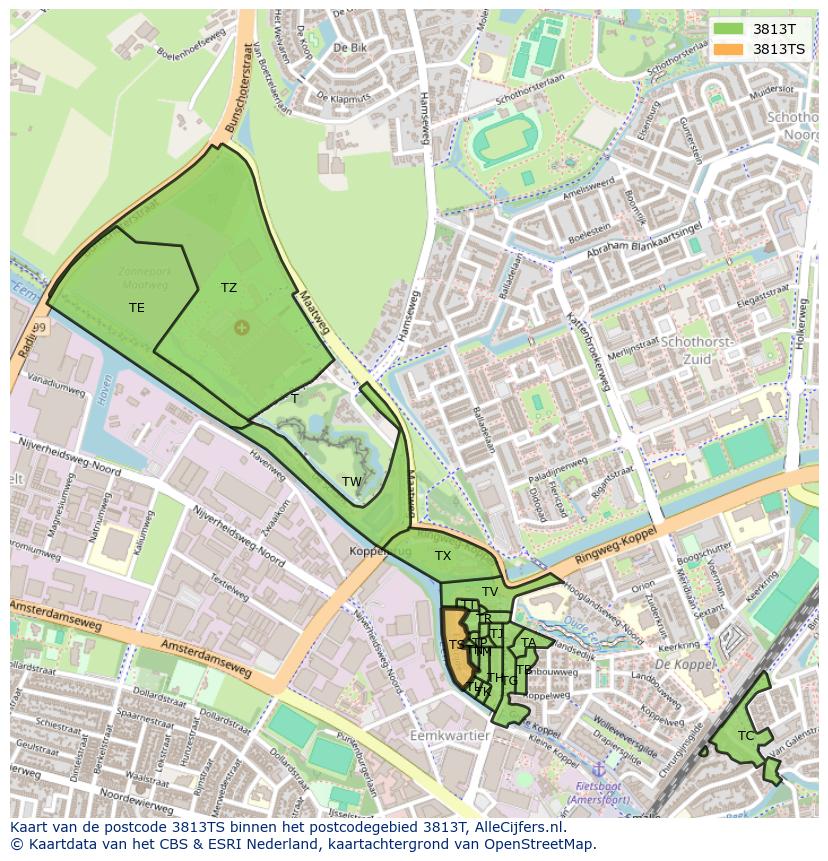Afbeelding van het postcodegebied 3813 TS op de kaart.
