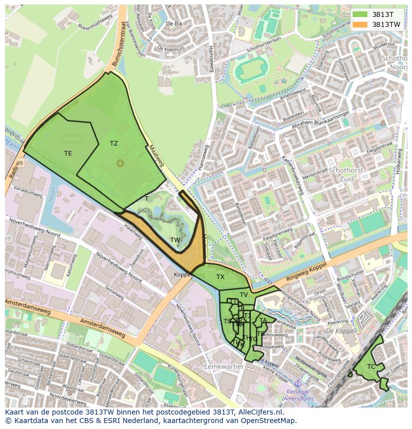 Afbeelding van het postcodegebied 3813 TW op de kaart.