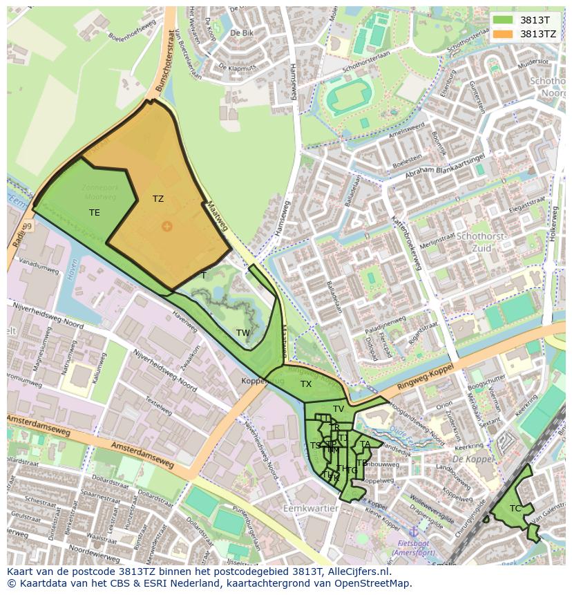 Afbeelding van het postcodegebied 3813 TZ op de kaart.
