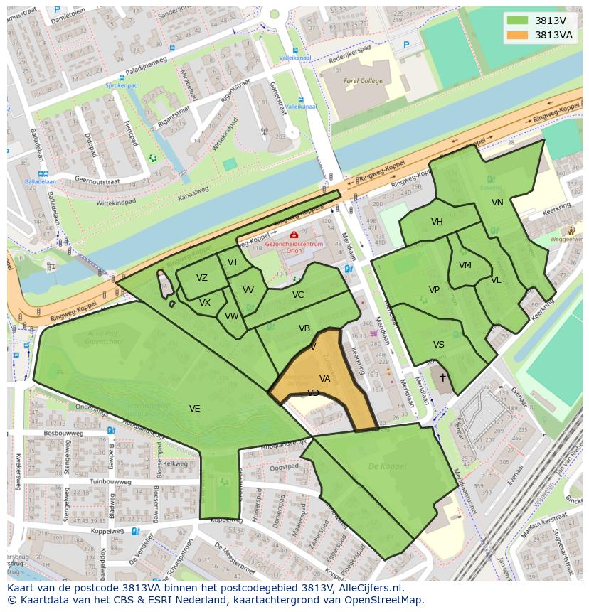 Afbeelding van het postcodegebied 3813 VA op de kaart.