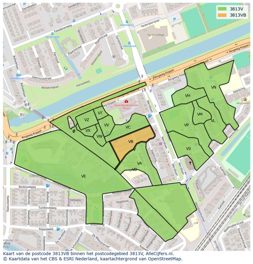 Afbeelding van het postcodegebied 3813 VB op de kaart.