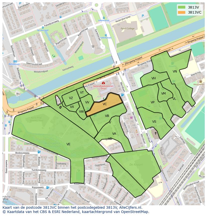 Afbeelding van het postcodegebied 3813 VC op de kaart.
