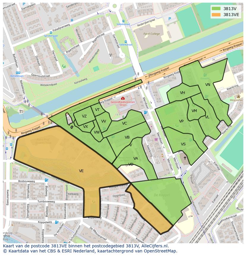 Afbeelding van het postcodegebied 3813 VE op de kaart.