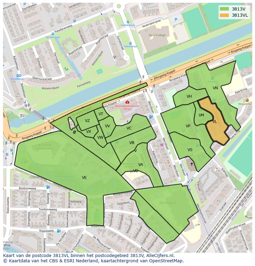 Afbeelding van het postcodegebied 3813 VL op de kaart.