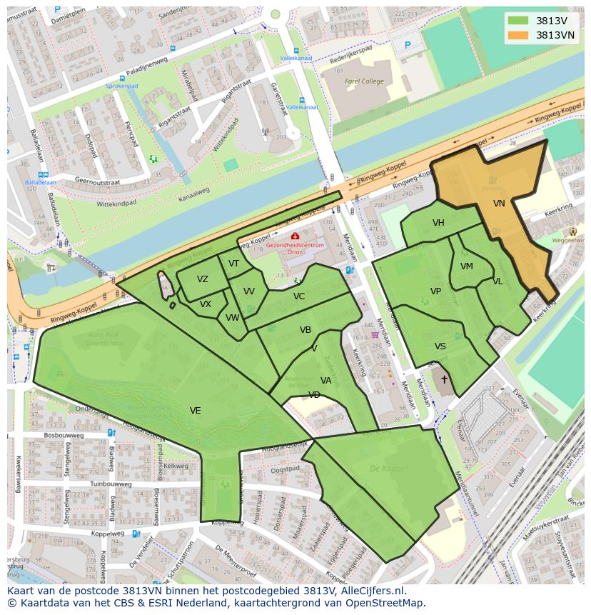 Afbeelding van het postcodegebied 3813 VN op de kaart.