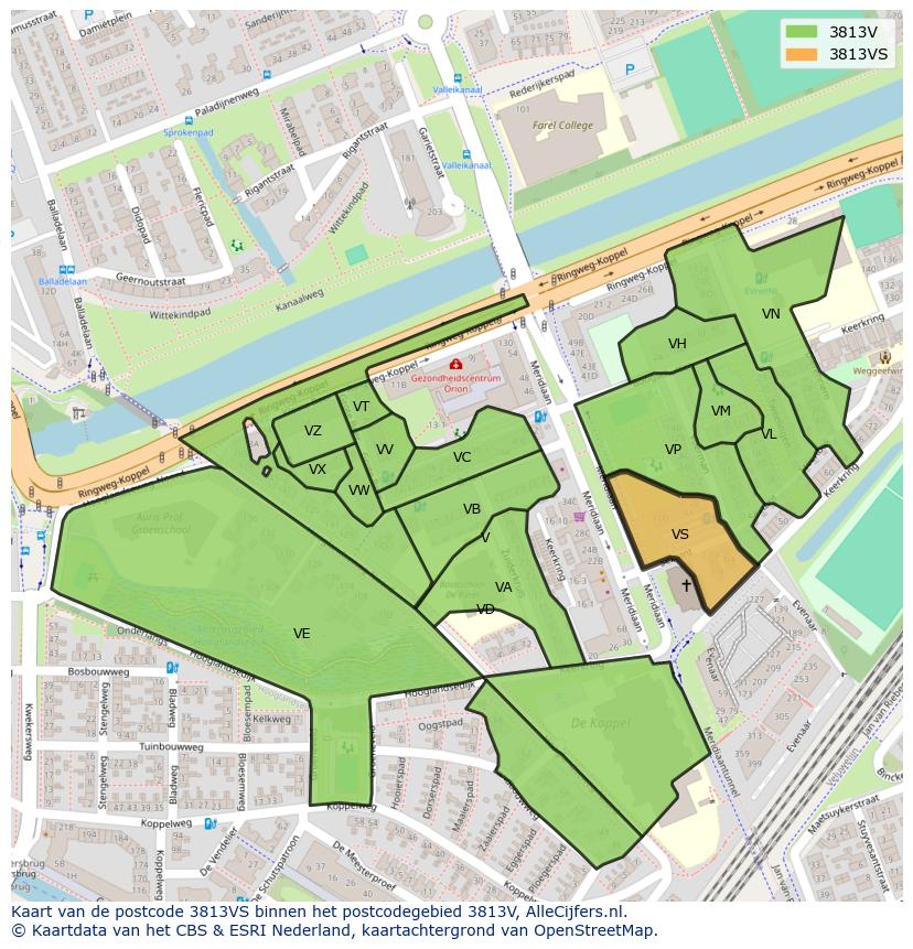 Afbeelding van het postcodegebied 3813 VS op de kaart.