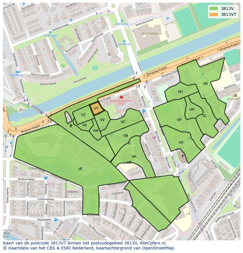 Afbeelding van het postcodegebied 3813 VT op de kaart.