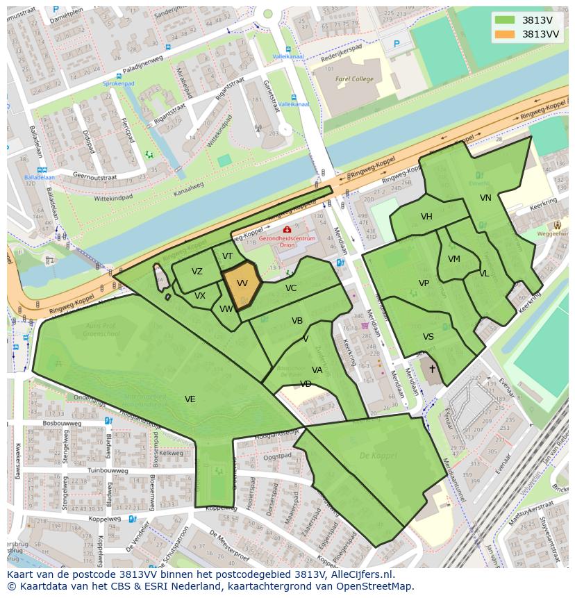 Afbeelding van het postcodegebied 3813 VV op de kaart.